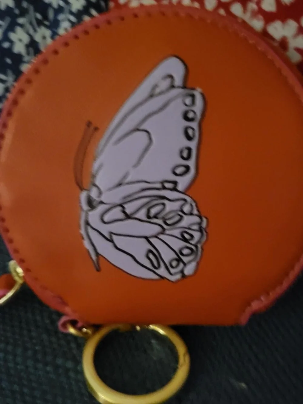 Vera Bradley Orange Round Coin Purse with Pink Trim & White Butterfly - Picture 2 of 3